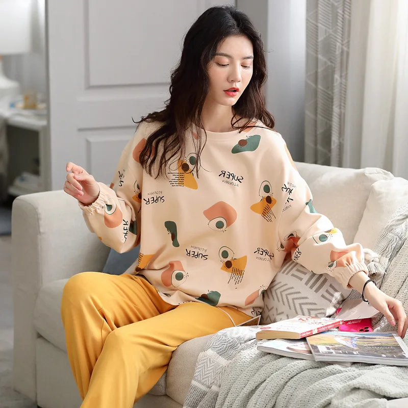 Pure Cotton Pajamas Women Spring And Autumn Models Plus Size Ladies Casual Korean Style Outer Wear Two-Piece Home Service 
Pure Cotton Pajamas Women Spring And Autumn Models Plus Size Ladies Casual Korean Style Outer Wear Two-Piece Home Service