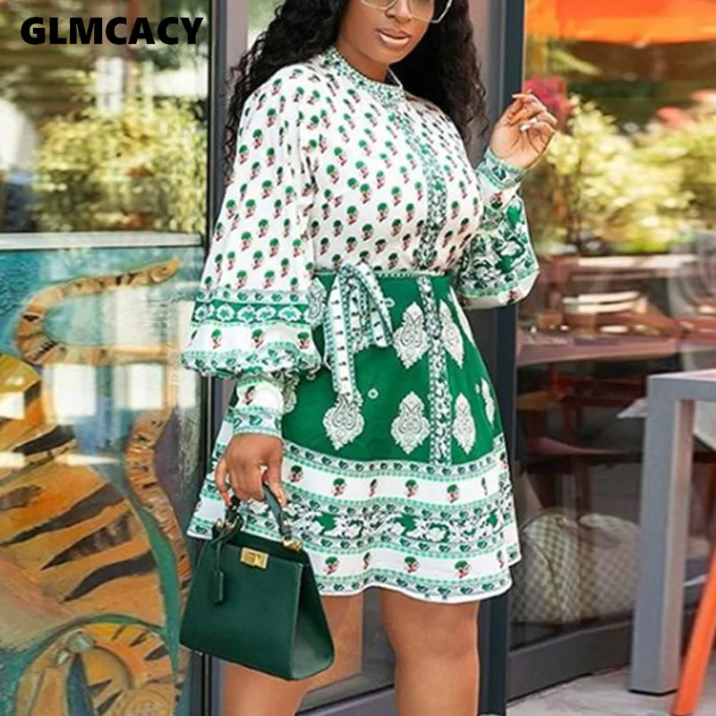 Women Streetwear O-neck Print Lantern Sleeve Dress Autumn Casual Loose Long Sleeve High Waist Above Knee Dress 
Women Streetwear O-neck Print Lantern Sleeve Dress Autumn Casual Loose Long Sleeve High Waist Above Knee Dress