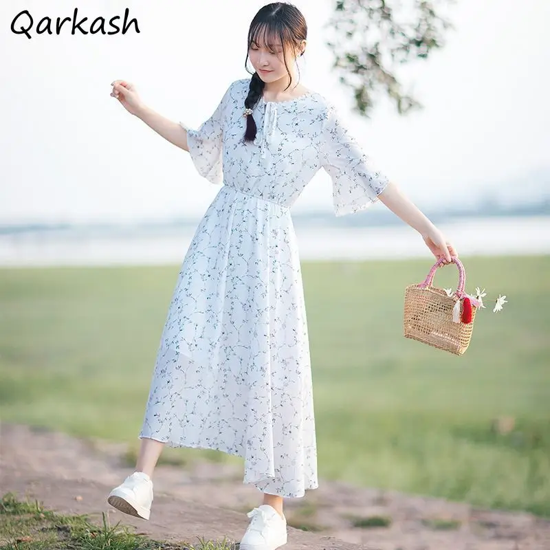 

Женские летние платья со шнуровкой и высокой талией, милое нежное шикарное платье в Корейском стиле для отдыха с цветочным принтом, элегантная версия для женщин