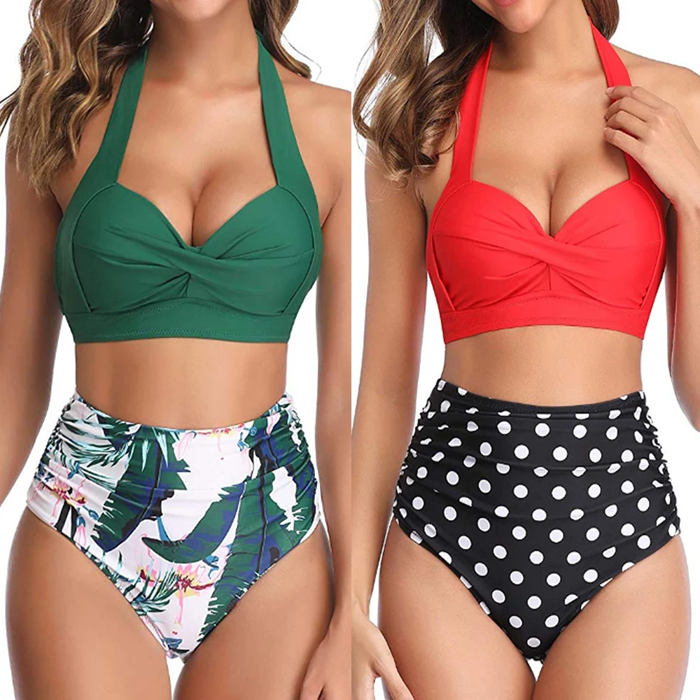 

2020 Sexy High Waist Swimsuit Women Plus Size Halter Bikini Beachwear Halter Ruched Swimwear Tummy Control Biquini Bathing suit