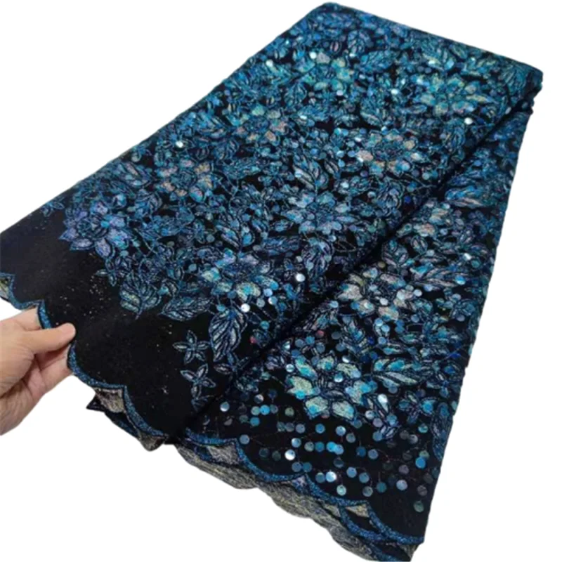 

Синяя нигерийская бархатная кружевная ткань, Африканское кружево, ткань 2022, Высококачественная бархатная кружевная ткань с искусственным кружевом