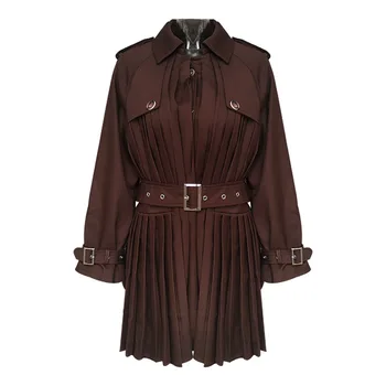 

2019 Spring Autumn Fashion Streetwear Epaulet Belted Pleated Trench Coat Women Stylish Spring Coat Outerwear