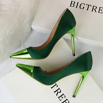 2020 spring new satin color matching pointed toe high heels with sexy green nightclub women's single shoes 
2020 spring new satin color matching pointed toe high heels with sexy green nightclub women's single shoes