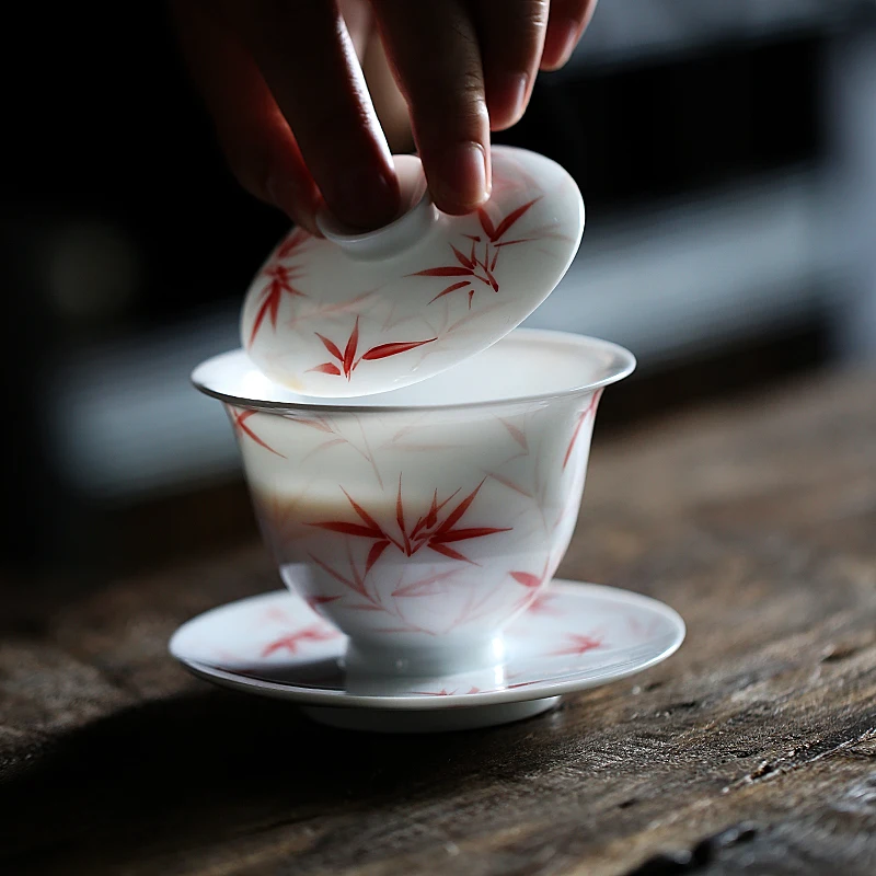 

handpainted bamboo ceramic gaiwan porcelain tureen chinese kungfu tea set 110ml
