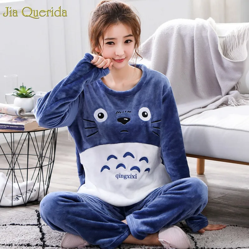 

Women's Pijamas Set Winter Soft Warm Navy Cute Print O-neck Long Sleeves Pants Furry Teddy Lovely Home Clothes Kawaii Sleepwear