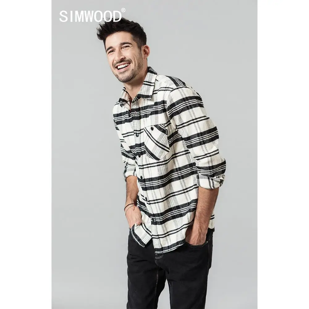 

SIMWOOD 2020 Spring new black white plaid shirts men check 100% cotton long sleeve shirt plus size brand clothing SI980714