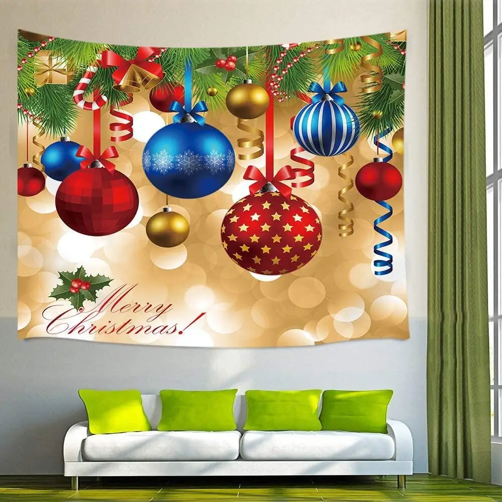 

New Year Home Decor Tapestry Colorful Christmas Balls on Pine Tree Ribbon Chic Xmas Tapestries Wall Hanging for Living Room Dorm