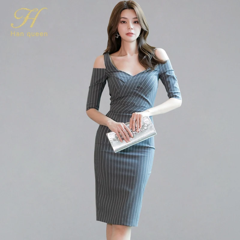 H Han Queen Sexy Off Shoulder Striped Pencil Dress Women Autumn New OL Work Wear Sheath Dresses Half Seeve Slim Bodycon Vestidos
H Han Queen Sexy Off Shoulder Striped Pencil Dress Women Autumn New OL Work Wear Sheath Dresses Half Seeve Slim Bodycon Vestidos
