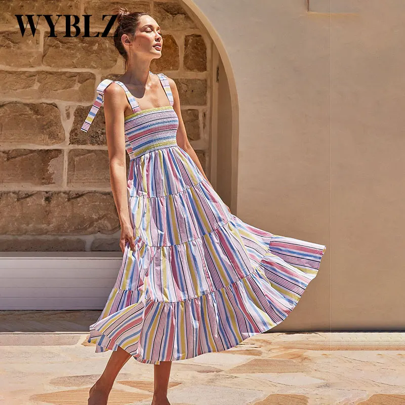 

WYBLZ 2023 New Summer Women's Midi Dress Striped Print Elegant Strap Dress Sexy Slim Sleeveless Camisole Dresses for Women