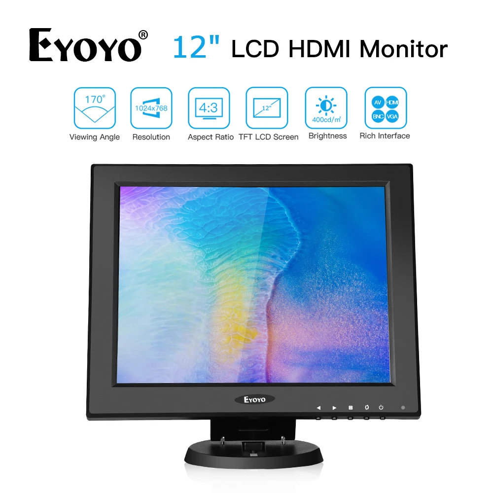 Eyoyo EM12W 12 inch 1024x768 TFT HDMI LCD Screen Computer Monitor VGA AV BNC For CCTV Security Raspberry Pi Camera PC DVR DVD |