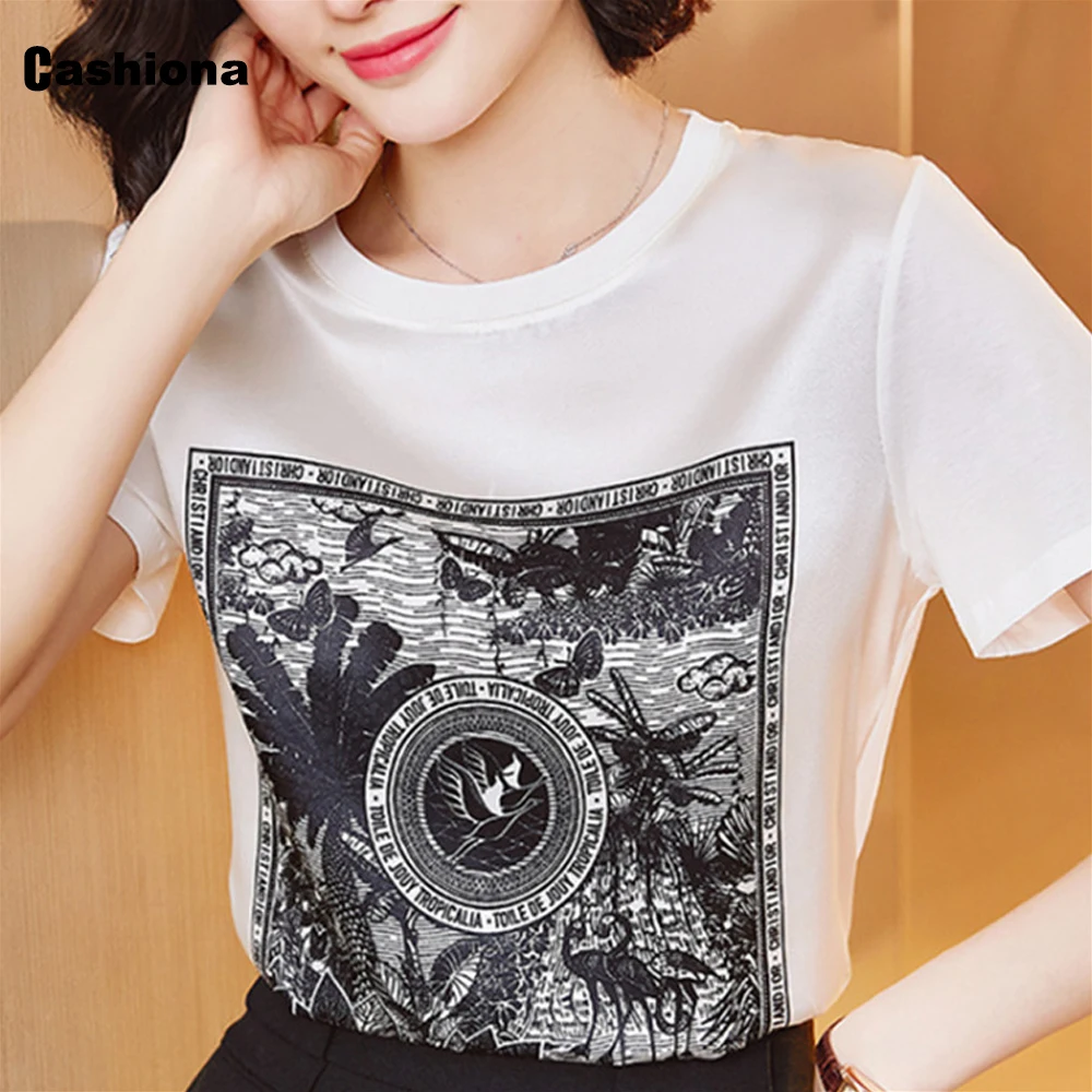 Plus size 3xl Female Top Short Sleeve Ladies Elegant Print Imitation Silk Korean Tshirt 2020 Summer New Women Casual Shirt Femme
