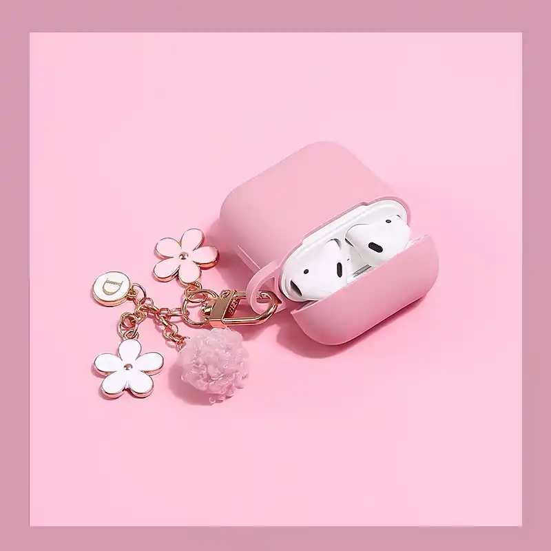 アップルairpodsケースシリコーンのためのかわいいピンクの花イヤホンケースairpods 1 2 アクセサリー保護カバー花キーリング Gooum