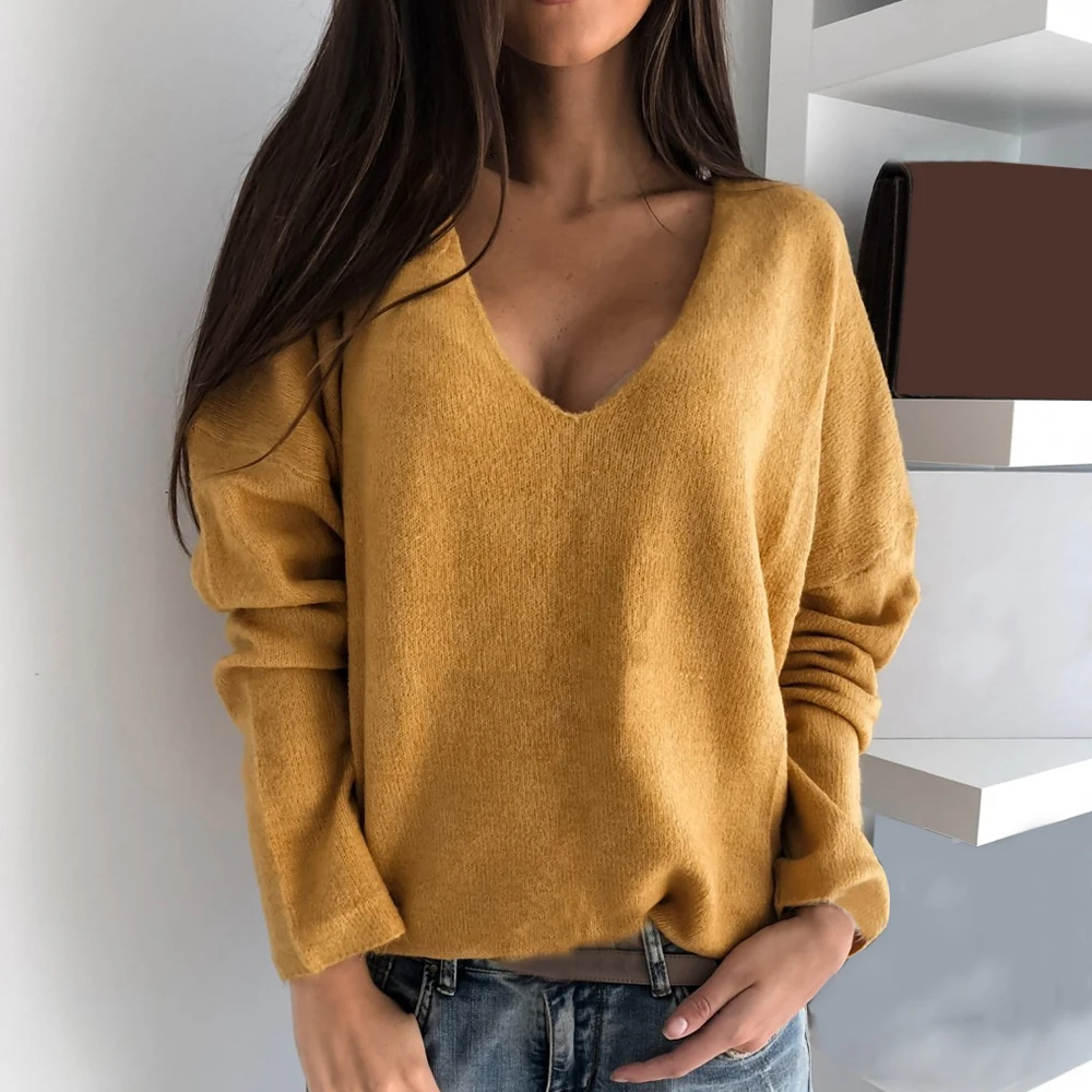 

LOOZYKIT 2XL Sexy Hollow Out V-neck Knitted Sweaters Women Autumn Long Sleeve Candy Basic Tops Loose Ladies Sweater Pullovers