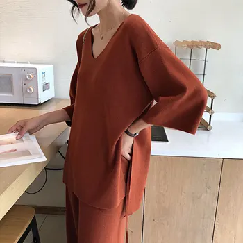 Knitting Female Sweater Pantsuit For Women Two Piece Set Knitted Pullover V-neck Long Sleeve Bandage Top Wide Leg Pants Suit 
Knitting Female Sweater Pantsuit For Women Two Piece Set Knitted Pullover V-neck Long Sleeve Bandage Top Wide Leg Pants Suit