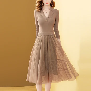 Gedivoen Spring Autumn Fashion Designer Knitting Mesh Dress Women Solid 3/4 Sleeve Elastic Waist High Street Knee-Length Dresses 
Gedivoen Spring Autumn Fashion Designer Knitting Mesh Dress Women Solid 3/4 Sleeve Elastic Waist High Street Knee-Length Dresses