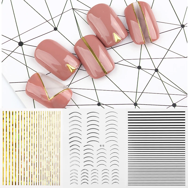 

1 Sheet Gold Silver Sliders 3D Nail Stickers Decals Straight Curved Liners Stripe Tape Wraps Geometric Nail Art Tips Decorations