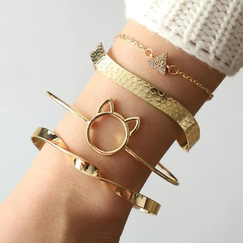 4 Pcs/Set Metal Gold Bracelets Set for Women Wavy Geometric Cat Triangle Crystal Cuff Bracelet Bangles Friendship Jewelry Gift | Украшения
