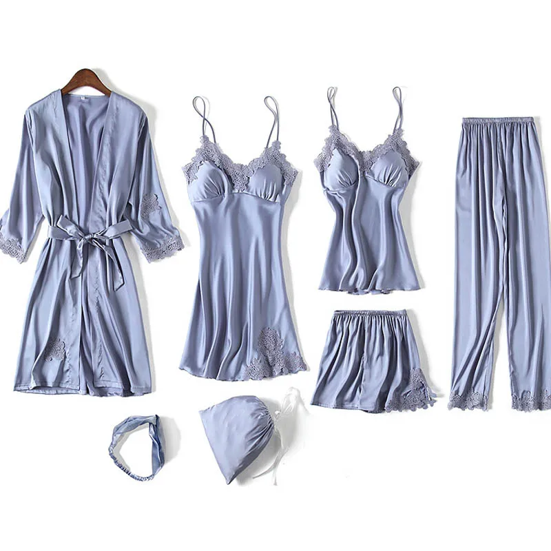 autumn sleepwear 7 pieces pajamas set sexy satin silk pajamas for women v-neck robe with chest pad women home service sleepwear
autumn sleepwear 7 pieces pajamas set sexy satin silk pajamas for women v-neck robe with chest pad women home service sleepwear