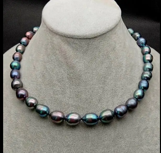 

12mm black gray green oval baroque pearl choker necklace heart clasp freshwater pearl Jewelry 43cm 17inch 35cm