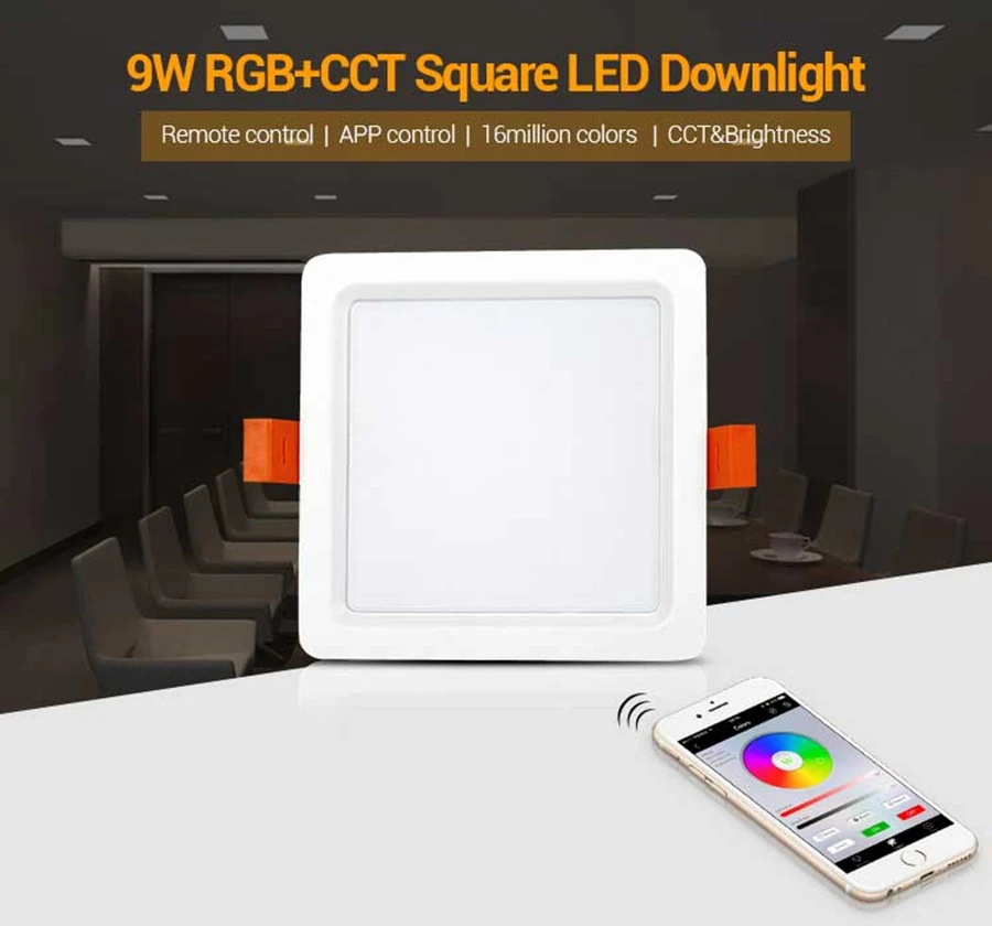 Milight 9W RGB+CCT Square LED Downlight AC100-240V 50/60Hz use with smartphone APP wifi 2.4G wireless remote panel control
Milight 9W RGB+CCT Square LED Downlight AC100-240V 50/60Hz use with smartphone APP wifi 2.4G wireless remote panel control