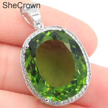 

34x21mm Big European Design Oval Gemstone Created Green Peridot CZ Woman's Silver Pendant