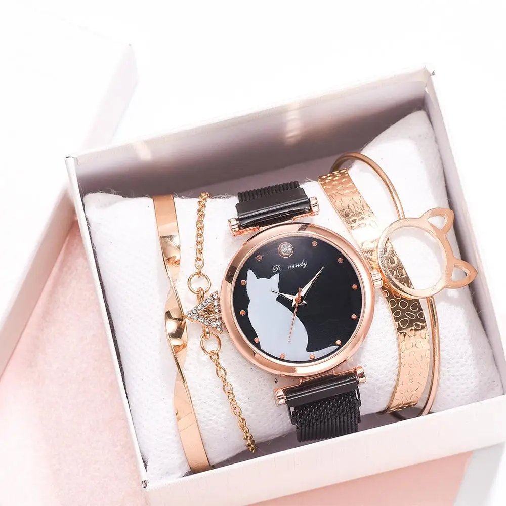 5 шт./компл. женские часы из розового золота набор с золотым браслетом