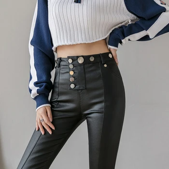 Matt Leather Pants Women's High Waist Elastic Velvet Warm Winter Buttons Pencil Trouser Female Tight Pants Plus Size PU Pants
Matt Leather Pants Women's High Waist Elastic Velvet Warm Winter Buttons Pencil Trouser Female Tight Pants Plus Size PU Pants