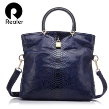 Bolsos de cuero genuino REALER para mujeres patrón de serpiente bolso de mano de calidad superior de cuero bolso de noche bolso de hombro femenino(China)