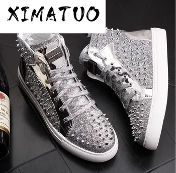 

Luxury designer shiny rivet men shoes fashion sneakers spikes high tops punk men Casual shoes rivet boots zapatillas hombre