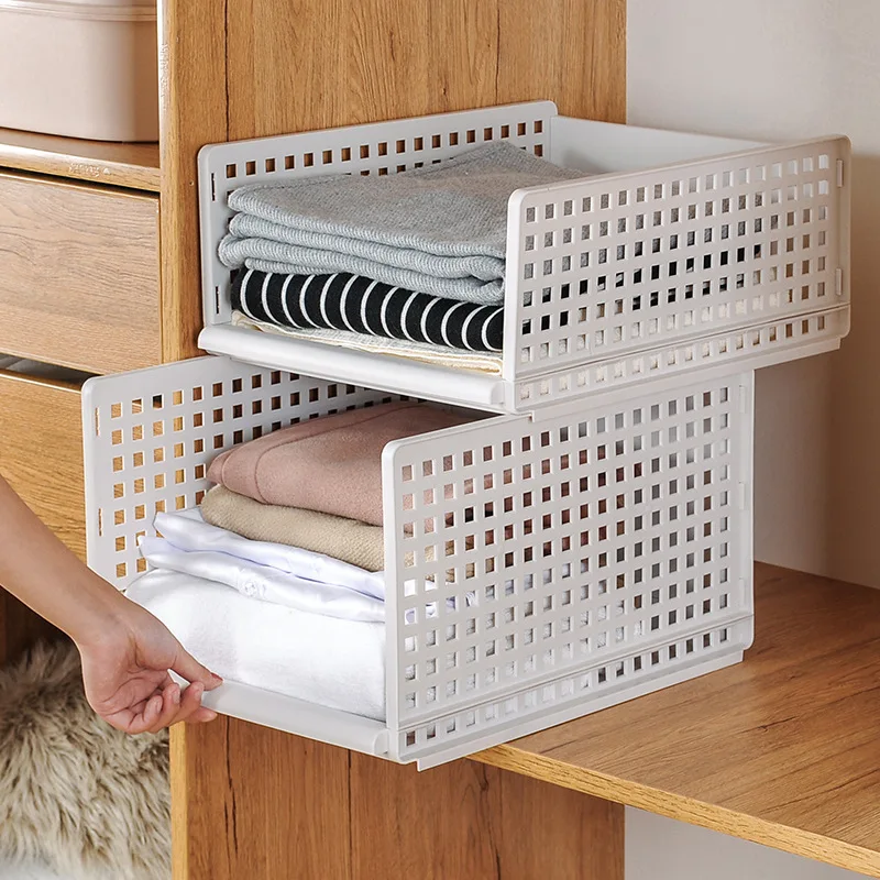 

Stackable Clothes Wardrobe Storage Basket Layered Sundrie Storage Racker Multifunctional Plastic Separator Drawer Holders Frame