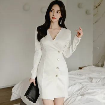 Summer New Korean Style of the V-neck Long Sleeve Solid Slim Waist Single-breasted Package Hip Suit Mini Dress Vestidos Mujer
Summer New Korean Style of the V-neck Long Sleeve Solid Slim Waist Single-breasted Package Hip Suit Mini Dress Vestidos Mujer