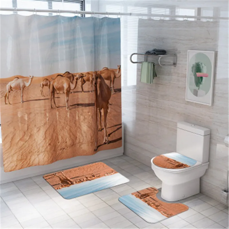 

4Pcs/set Bathroom Mat Set Digita Print Animal Camel Bath Mat Coral Fleece Shower Curtain Non-slip Floor Mat Washable Toilet Rug