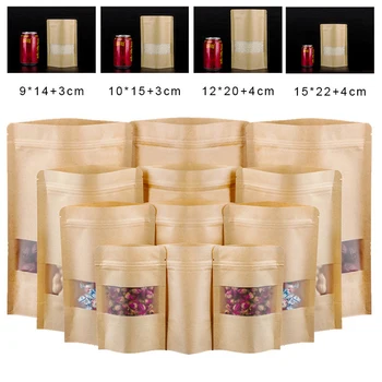 

100PCS Frosted Window-opening Kraft Paper Food Packaging Bags Standing Stand-up Pouches Sealed Reusable Self-sealing Pouches