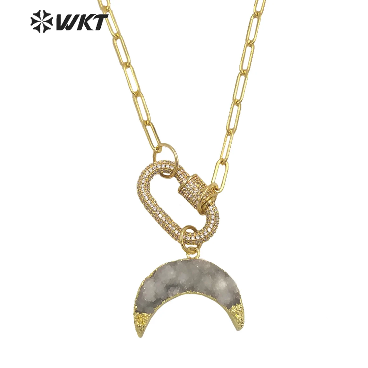 WT-N1302 WKT New Women Natural Druzy Quartz Gold Crescent Horn Pendant Necklace CZ Clasp Connector Stone Fine Jewelry
WT-N1302 WKT New Women Natural Druzy Quartz Gold Crescent Horn Pendant Necklace CZ Clasp Connector Stone Fine Jewelry