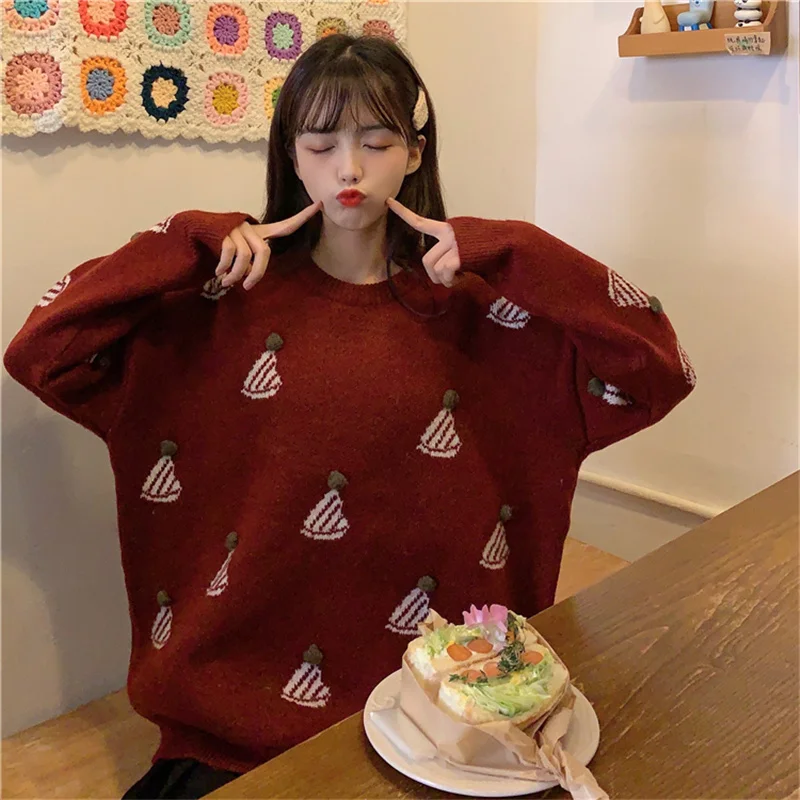 Winter Korean Ugly Christmas Sweater Women Loose Clothes Cute Embroidery Hat Pull Femme Knitted Sweaters Kawaii Lady Jumper Red
Winter Korean Ugly Christmas Sweater Women Loose Clothes Cute Embroidery Hat Pull Femme Knitted Sweaters Kawaii Lady Jumper Red