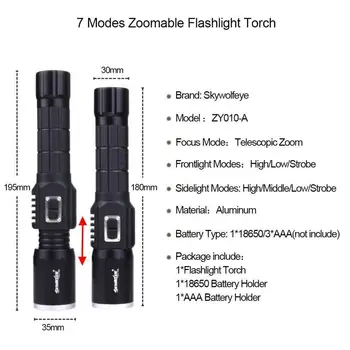 Skywolfeye 6000 LM 7 Modes Zoomable Flashlight Rechargeable T6 LED Lamp 18650/AAA Light with Bike Clip & Charger
Skywolfeye 6000 LM 7 Modes Zoomable Flashlight Rechargeable T6 LED Lamp 18650/AAA Light with Bike Clip & Charger
