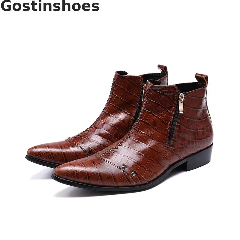 Brown Leather Boots Genuine Cow Leather Crocodile Printed Men Work Short Boots Pointed Toe Side Zipper Fashion Men Boots
Brown Leather Boots Genuine Cow Leather Crocodile Printed Men Work Short Boots Pointed Toe Side Zipper Fashion Men Boots