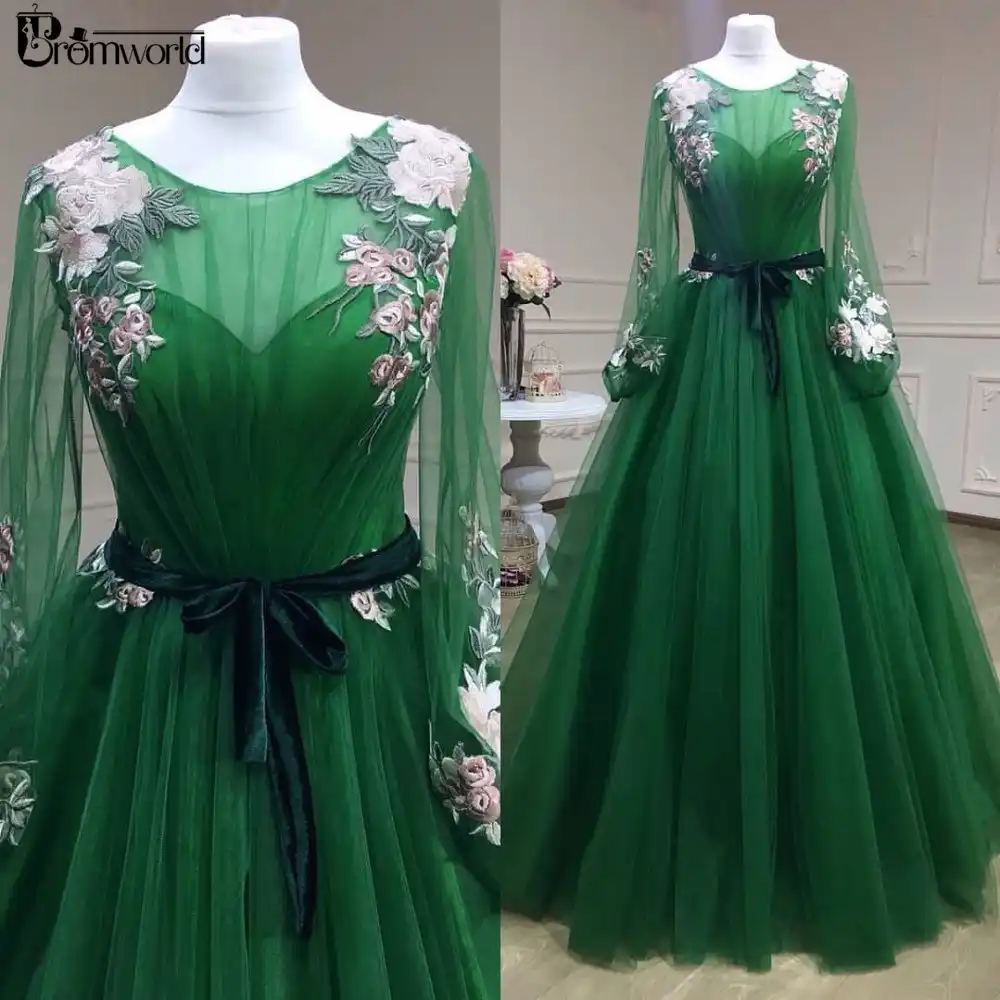 green long sleeve evening dress