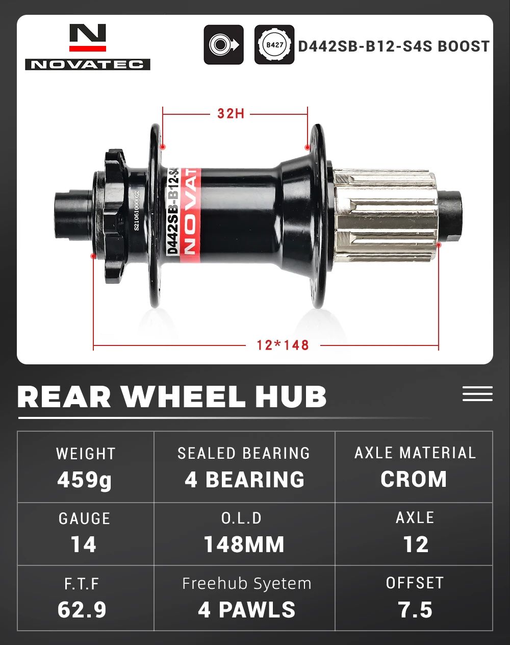 Novatec Bicycle Hub D442 D041 front rear wheel hub 2/4 bearing For 8/9/10/11/12 speed mountain bike hub 32H BOOST THRU 15/12MM Novatec Bicycle Hub D442 D041 front rear wheel hub 2/4 bearing For 8/9/10/11/12 speed mountain bike hub 32H BOOST THRU 15/12MM