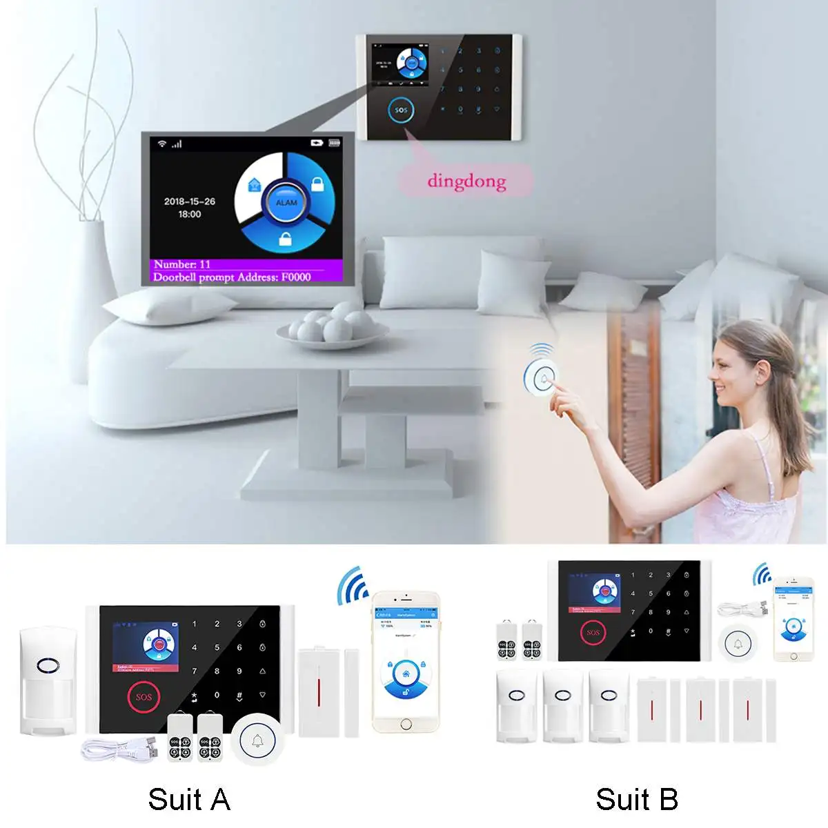 Wifi+GSM+GPRS Alarm System Kit Wireless Remote Control Doorbell Sensor/ Anti-pet Infrared Detector SOS Alarm Home Security Kits
Wifi+GSM+GPRS Alarm System Kit Wireless Remote Control Doorbell Sensor/ Anti-pet Infrared Detector SOS Alarm Home Security Kits