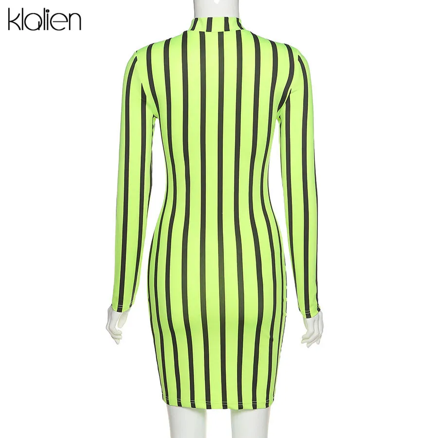 KLALIEN spring fall long sleeve turtleneck zipper fashion casual dress women high street striped mini bodycon dress 2020 new
