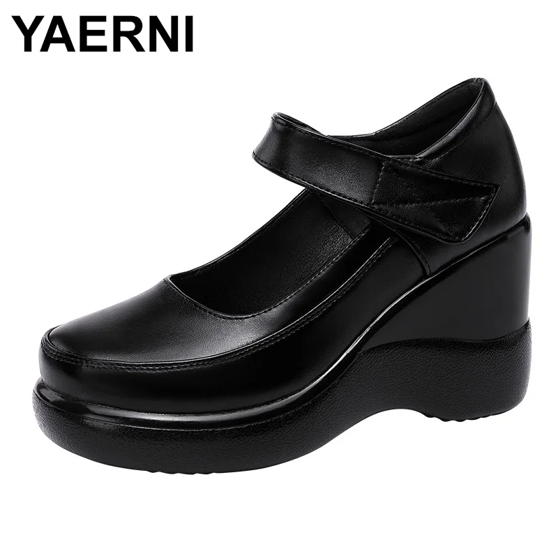 Женские кожаные туфли YAERNI2020 черные туфли-лодочки на платформе и высоком каблуке
