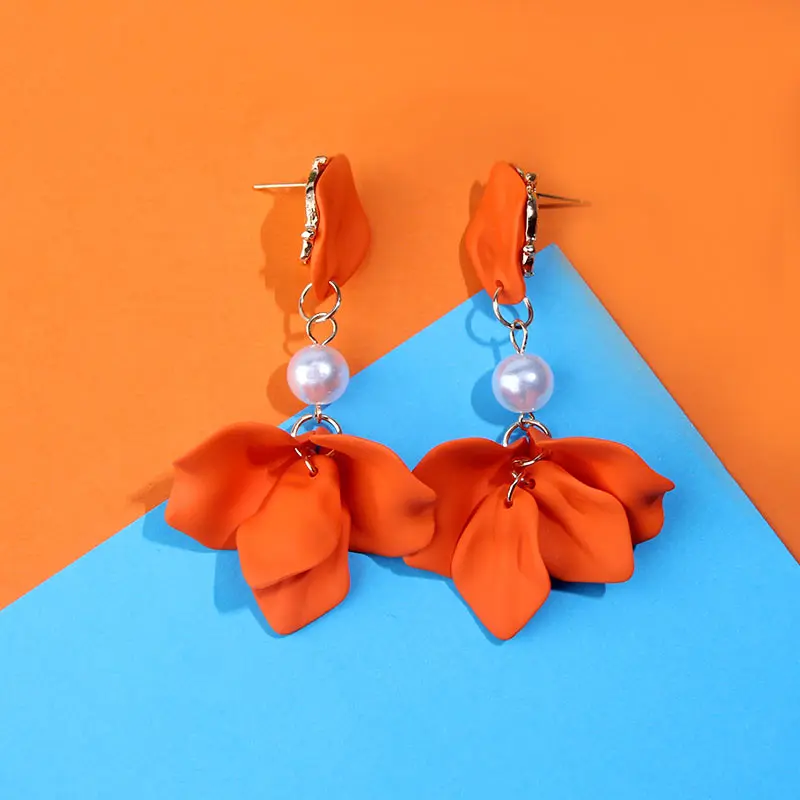 

Flatfoosie Colorful Petals Flower Dangle Earrings For Women Simulated Pearl Drop Earring Female Elegant Wedding Fashion Jewelry