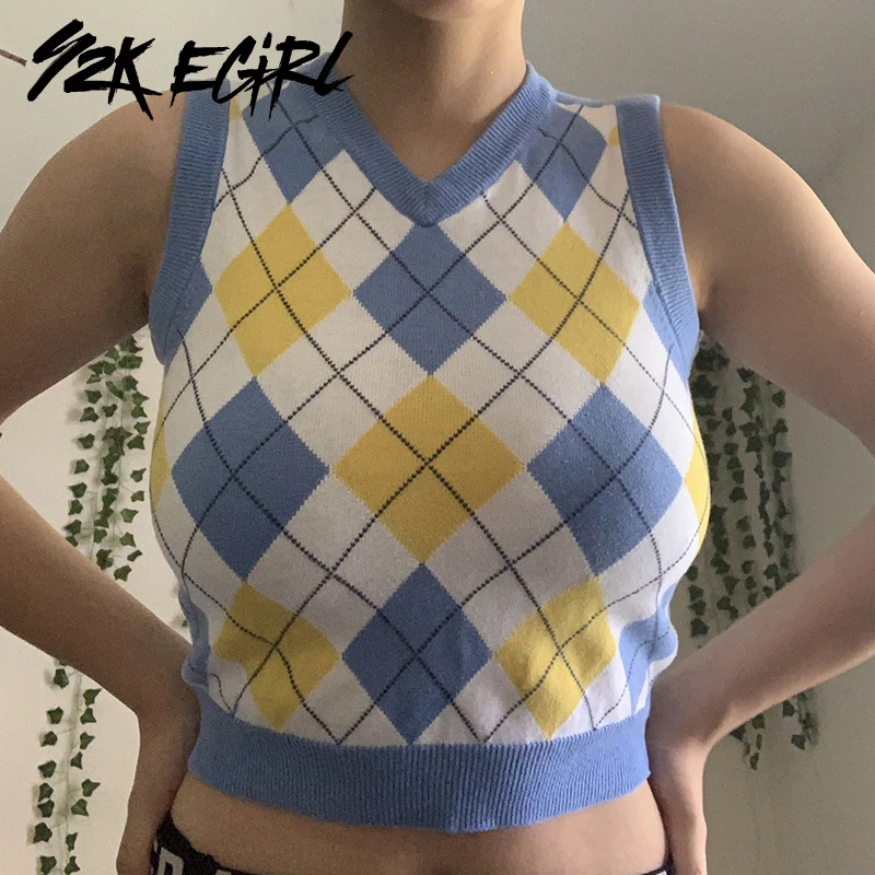 Y2K Egirl Vintage Argyle Plaid V-neck Sleeveless Tank Tops England Style Slim Striped Pullovers 90s Streetwear Knit Vest Autumn
Y2K Egirl Vintage Argyle Plaid V-neck Sleeveless Tank Tops England Style Slim Striped Pullovers 90s Streetwear Knit Vest Autumn