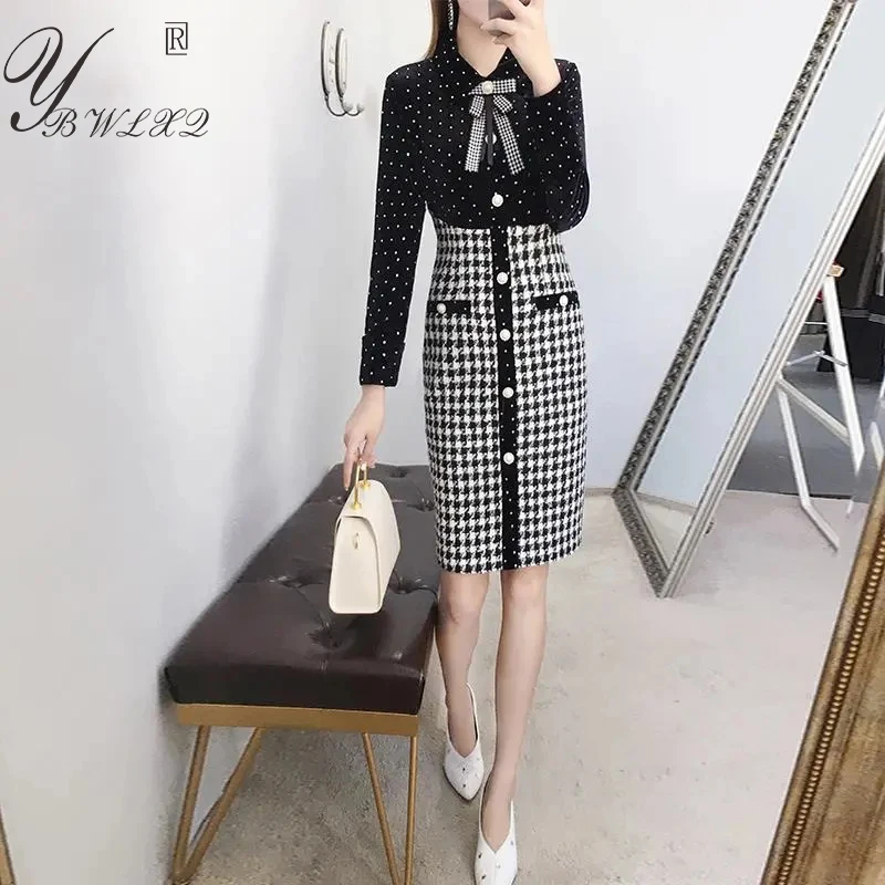 

Fake Two Piece Mini Dess Fashion Vintage Velvet Houndstooth Patchwork Pencil Dress Dots Printing Long Sleeve Women Clothing