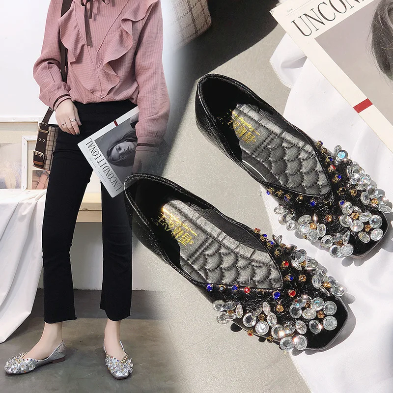 

2018 Spring New Style Color Man-made Diamond Shallow Mouth round Shoes Side Scoop Bootie Retro Loafers Moccosins WOMEN'S Flat Sh