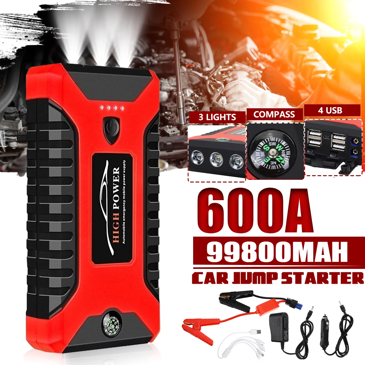 

99800mAh Car Jump Starter Pack 600A Portable 4 USB Power Bank Car Battery Booster Charger 12V Starting Device Car Startee Buster