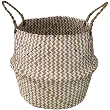 

Foldable Handmade Storage Basket Wicker Rattan Straw Garden Flower Pot Pattern Clothes Basket (Middle Diameter 23cm)