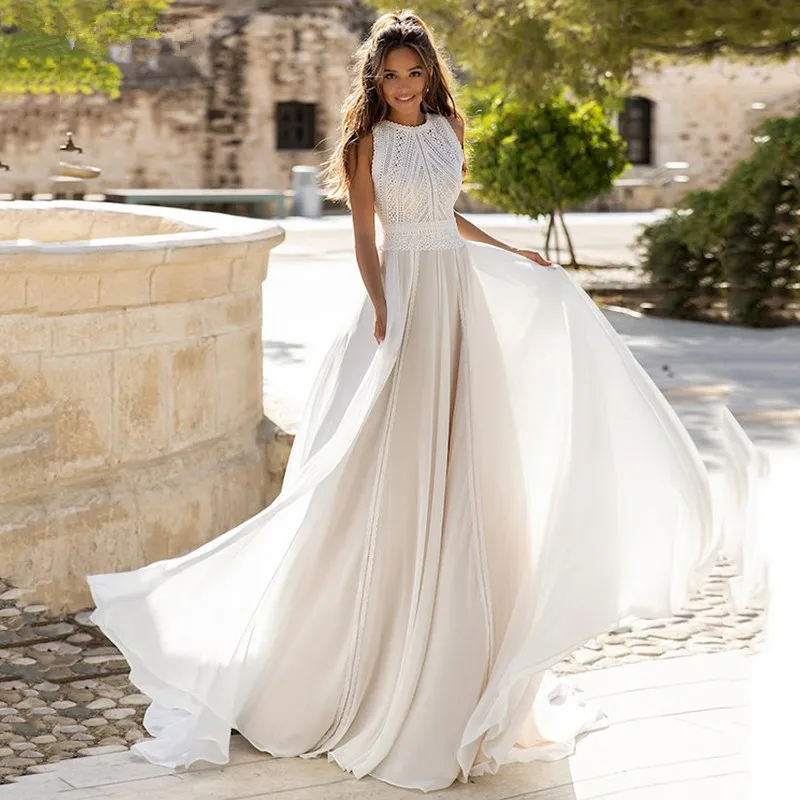 

DREAM Chiffon Lace Wedding Dress Long Bohemian A Line Sleeveless Bridal Gowns Open Back Vestido De Noiva 2023 White Ivory