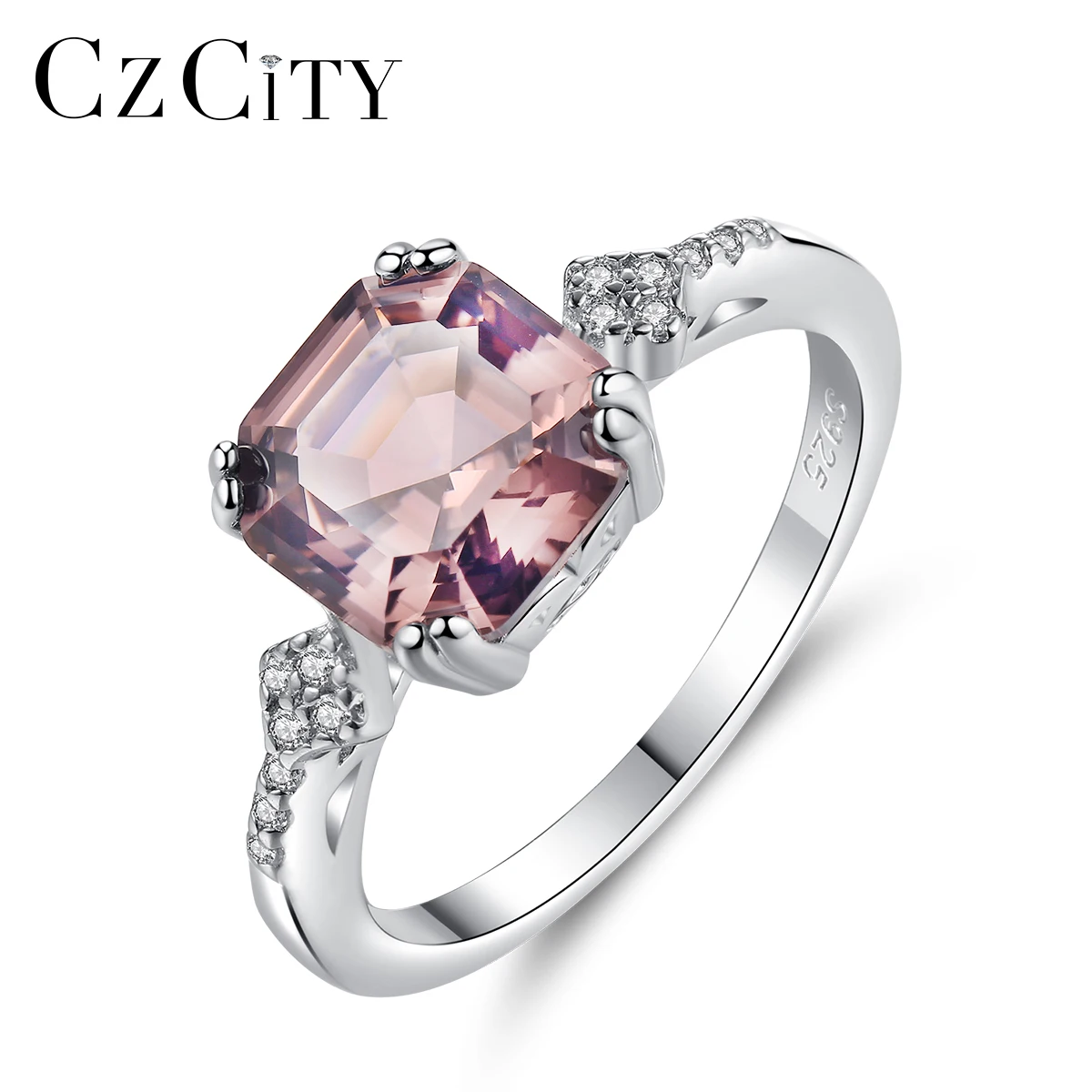 

CZCITY Brand 925 Silver Sterling Finger Rings for Women Created Morganite Carving S925 Luxury Girl Wedding Bridal Jewelry